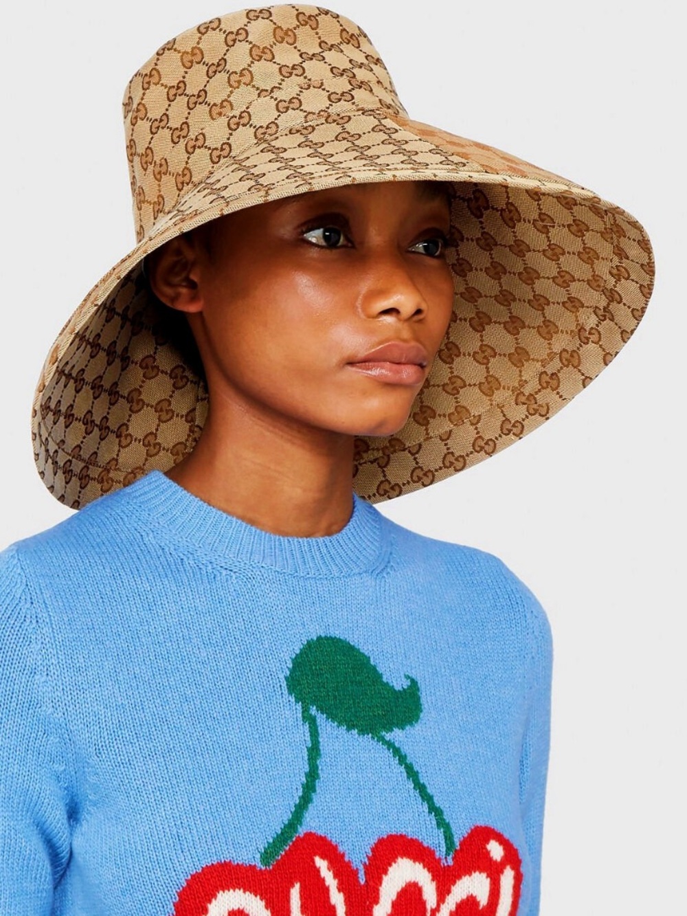 Beige Monogram Large Jacquard Canvas Bucket Hat w Wide Brim Beach Sun Coverage